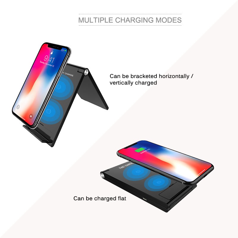 Quick Charge Qi Foldable Wireless Charger 10W Folding Desktop Wireless Charging Pad for iPhone X/XS 8 Samsung Note 9/8 S9/S8/S7 Compatibility: 1.Supports fast wireless charging phone models: * for Sumsung Galaxy S6 / S6 Edge / S6 Edge Plus / S7 / S7 Edge / S8 / S8 Plus / S9 / S9 Plus / Note 5 / Note 8,etc 2.Supports wireless charging phone models: * for iPhone 8 / 8 plus / x / xs / xs max /xr * for Nokia / LG /Google / HTC / Sharp / Motorola / ZTE some models. 3.Other devices please buy a wireless charging receiver separately. Note: If you need fast charging function , we recommend using 5V/2A or 9V/1.67A adapter at least. Product name Foldable Wireless charger stand Output Power 5w--7.5W Special Features wireless stand multi-function Voltage 5V 2A,9v 1.67A Weight 112g Suitable iPhone Xs/Xr/Xs Max, for Samsung for Galaxy S9/S9+ such smart devices.for iwatach/for airpod Function 1 Fast charger Function 2 QI Wireless stand Function 3 office table pad and stand