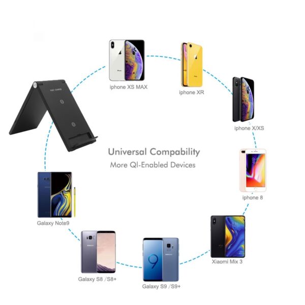 Quick Charge Qi Foldable Wireless Charger 10W Folding Desktop Wireless Charging Pad for iPhone X/XS 8 Samsung Note 9/8 S9/S8/S7 Compatibility: 1.Supports fast wireless charging phone models: * for Sumsung Galaxy S6 / S6 Edge / S6 Edge Plus / S7 / S7 Edge / S8 / S8 Plus / S9 / S9 Plus / Note 5 / Note 8,etc 2.Supports wireless charging phone models: * for iPhone 8 / 8 plus / x / xs / xs max /xr * for Nokia / LG /Google / HTC / Sharp / Motorola / ZTE some models. 3.Other devices please buy a wireless charging receiver separately. Note: If you need fast charging function , we recommend using 5V/2A or 9V/1.67A adapter at least. Product name Foldable Wireless charger stand Output Power 5w--7.5W Special Features wireless stand multi-function Voltage 5V 2A,9v 1.67A Weight 112g Suitable iPhone Xs/Xr/Xs Max, for Samsung for Galaxy S9/S9+ such smart devices.for iwatach/for airpod Function 1 Fast charger Function 2 QI Wireless stand Function 3 office table pad and stand