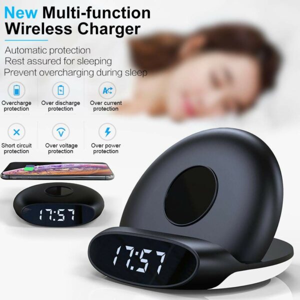 Digital Alarm Clock with Wireless Charger, Foldable Digital Alarm Clock with Night Light Ringtone Bedside Alarm Clocks with Snooze for Bedroom Kitchen Office