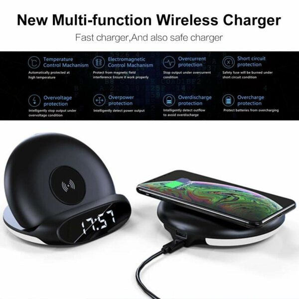 Foldable 10W Wireless Charger with Alarm Clock Digital Timer Desktop Charging Pad