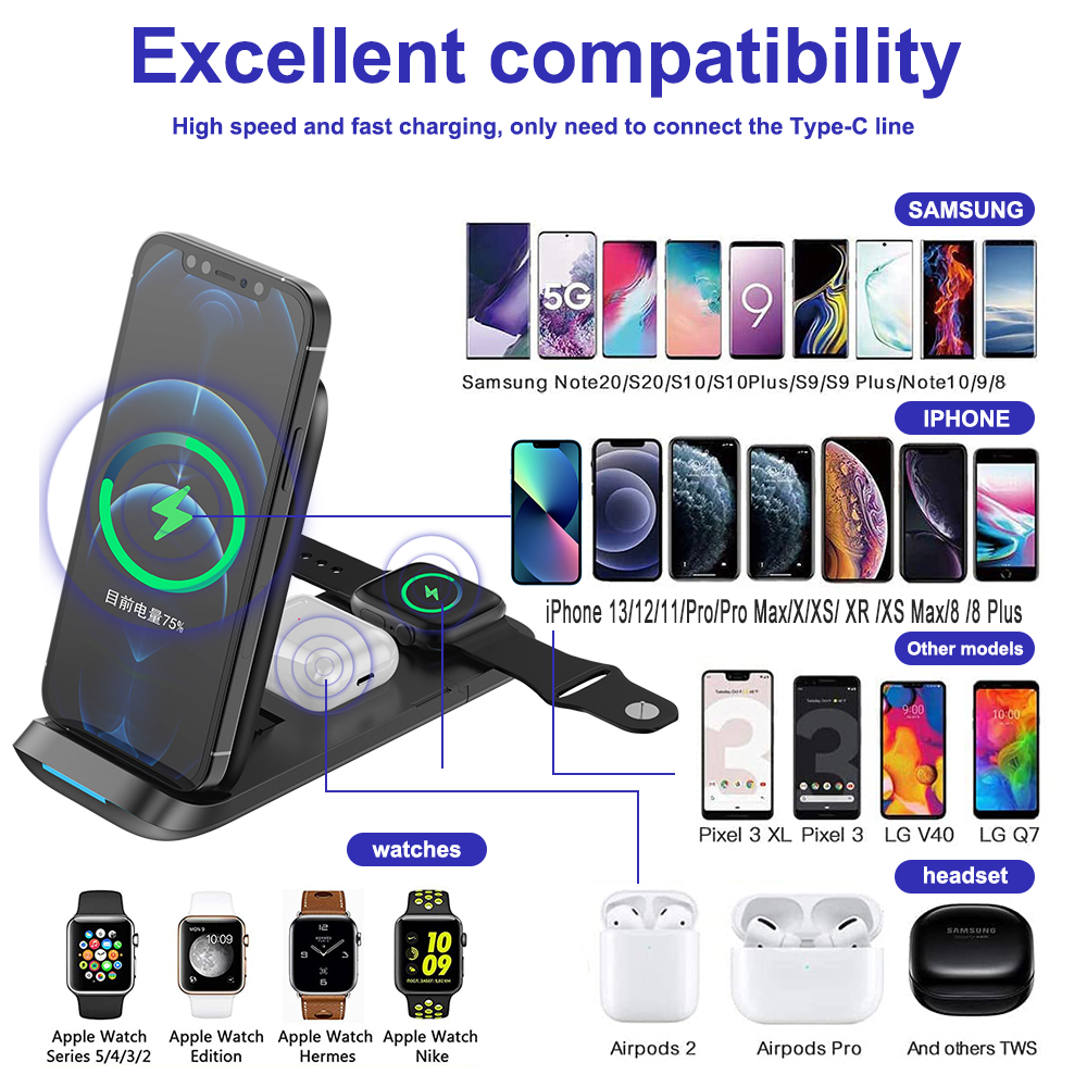 Broad compatibility 2021 Wireless Foldable Charger 15W 3 in 1 Station FW31