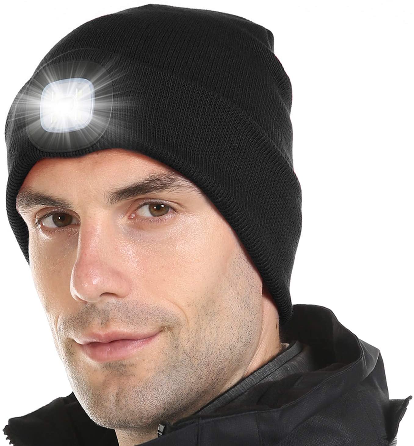 LED Knitted Warm Beanie Hat Camping Cycling Rechargeable USB Head Torch Lamp 