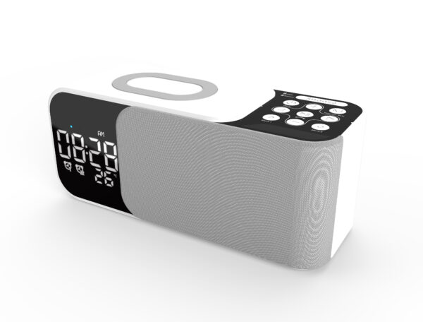 2022 new good sound wireless music alarm clock Night light portable wireless charging speaker WD500