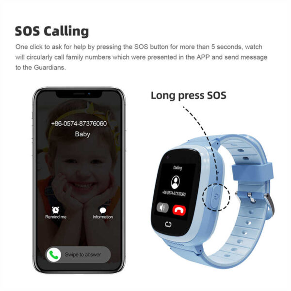 sos calling one click toask for help by pressing the sos button for more than 5 seconds, watch will circularly call family numbers which were presented in the App and send message to the guardians
