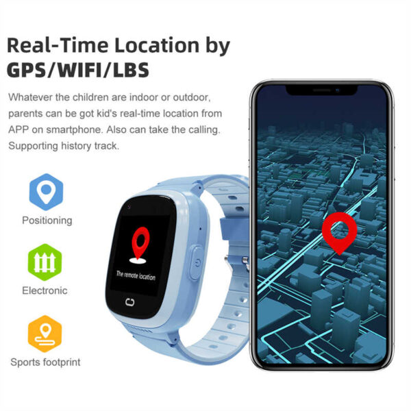 real-time location by gps/wifi/lbs whatever the children are indoor or outdoor, parents can be got kid's real-time location from app on smartphone. also can take the calling. supporting history track. positioning electronic sports footprint