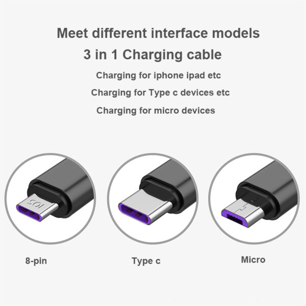 Meet different interface models 3 in 1 charging cable charging for iphone ipad etc charging for type c devices etc charging for micro devices 8-pin type c micro