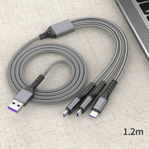 Multiple 3 In 1 Braided Fishnet Cable C203 Fast Charging 5A Super 66W For iPhone Android Micro USB-C Port 1.2m grey