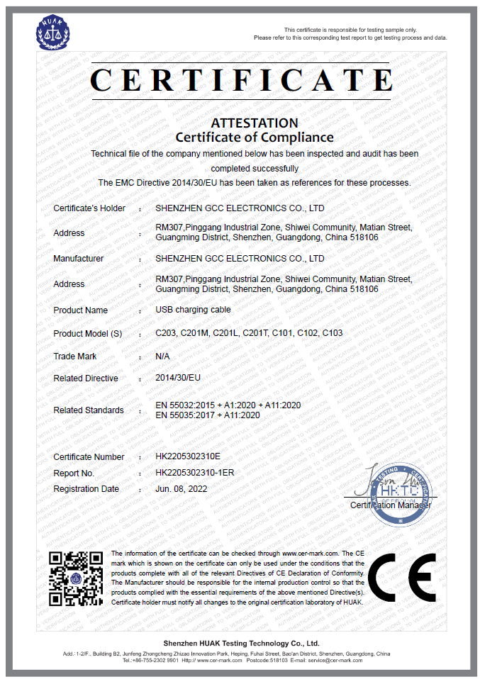certificate of conformity usb charging cable