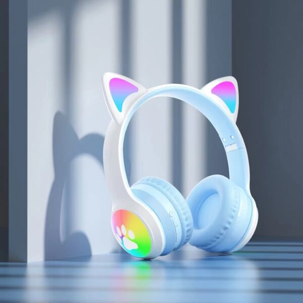 Cute Cat Ear Headphones Wireless with Paw Shape LED Headphones Wireless Headset Mic Kids Girls Stereo Phone Music Blue Tooth Headset Gamer Gift - تصوير 9