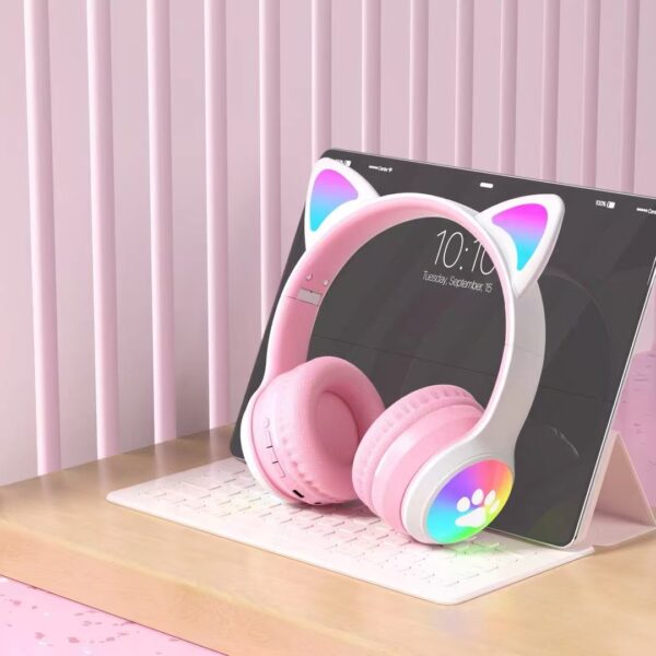 Cute Cat Ear Headphones Wireless with Paw Shape LED Headphones Wireless Headset Mic Kids Girls Stereo Phone Music Blue Tooth Headset Gamer Gift - تصوير 8