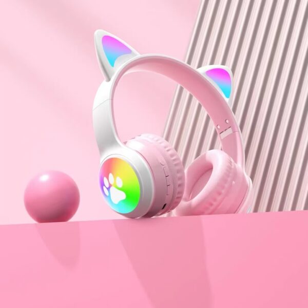 Cute Cat Ear Headphones Wireless with Paw Shape LED Headphones Wireless Headset Mic Kids Girls Stereo Phone Music Blue Tooth Headset Gamer Gift - تصوير 5