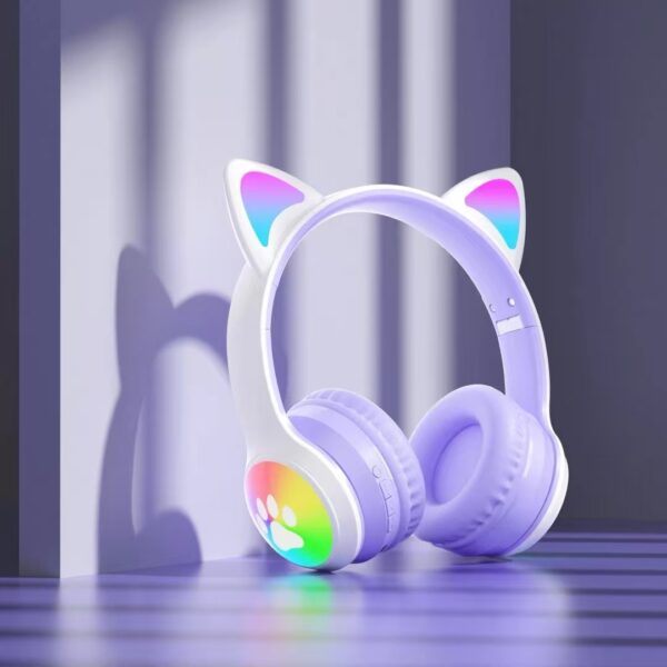 Cute Cat Ear Headphones Wireless with Paw Shape LED Headphones Wireless Headset Mic Kids Girls Stereo Phone Music Blue Tooth Headset Gamer Gift - تصوير 4