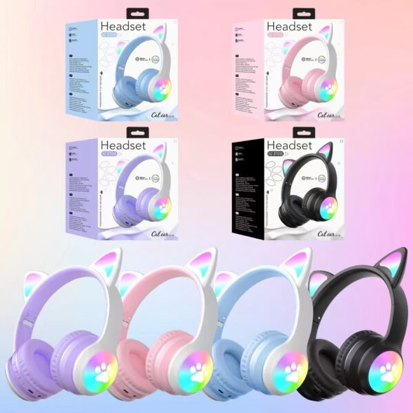 Cute Cat Ear Headphones Wireless with Paw Shape LED Headphones Wireless Headset Mic Kids Girls Stereo Phone Music Blue Tooth Headset Gamer Gift - تصوير 2