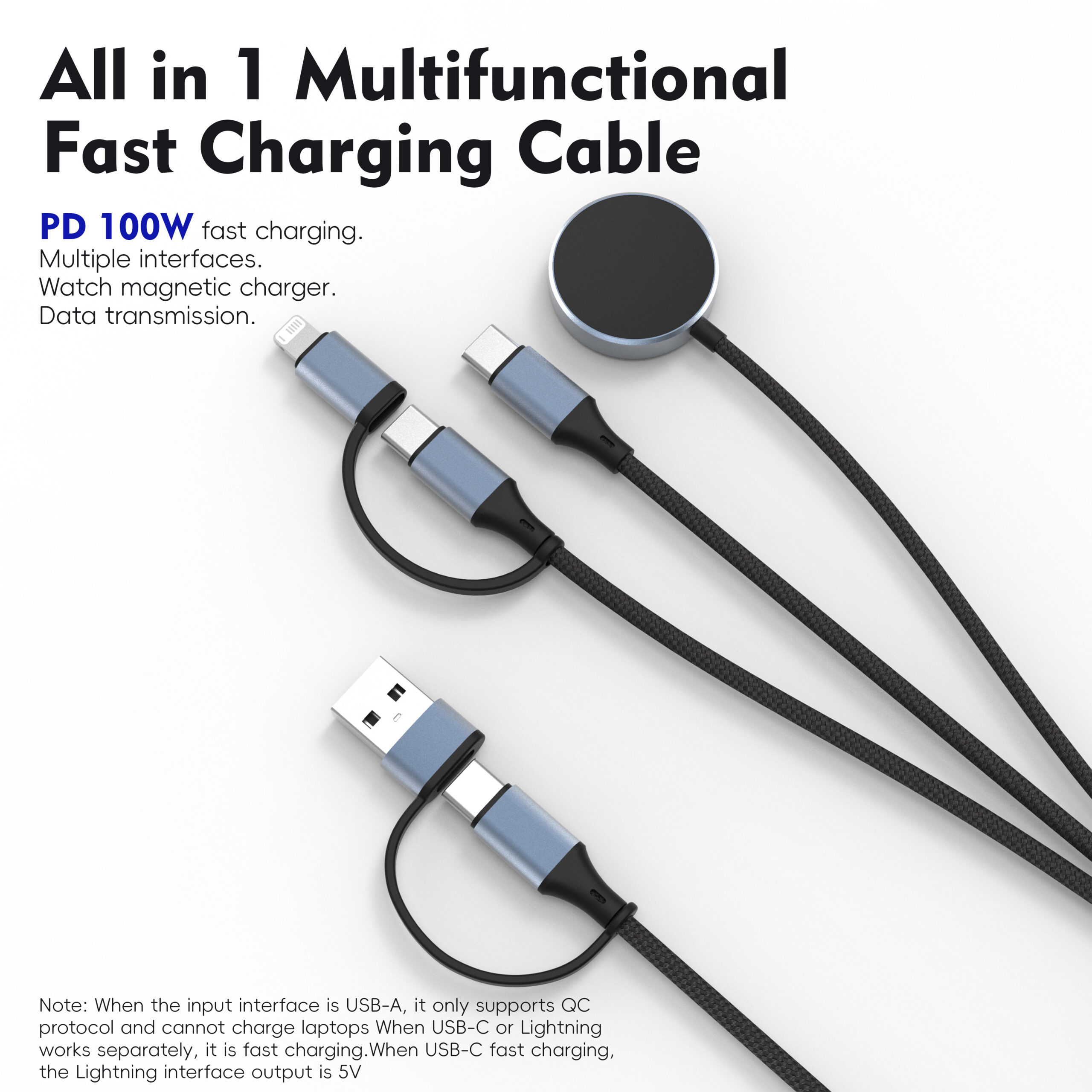 100W Multi-functional Braided Charging Cable – Dual Type-C + Lightning, Supports Laptop + Phone + Watch + Earbuds Simultaneous Charging, Metal Shell, for Apple MacBook Pro, Samsung Galaxy Watch, Google Pixel Watch, AirPods, and More – Wholesale Bulk Supply - Image 2