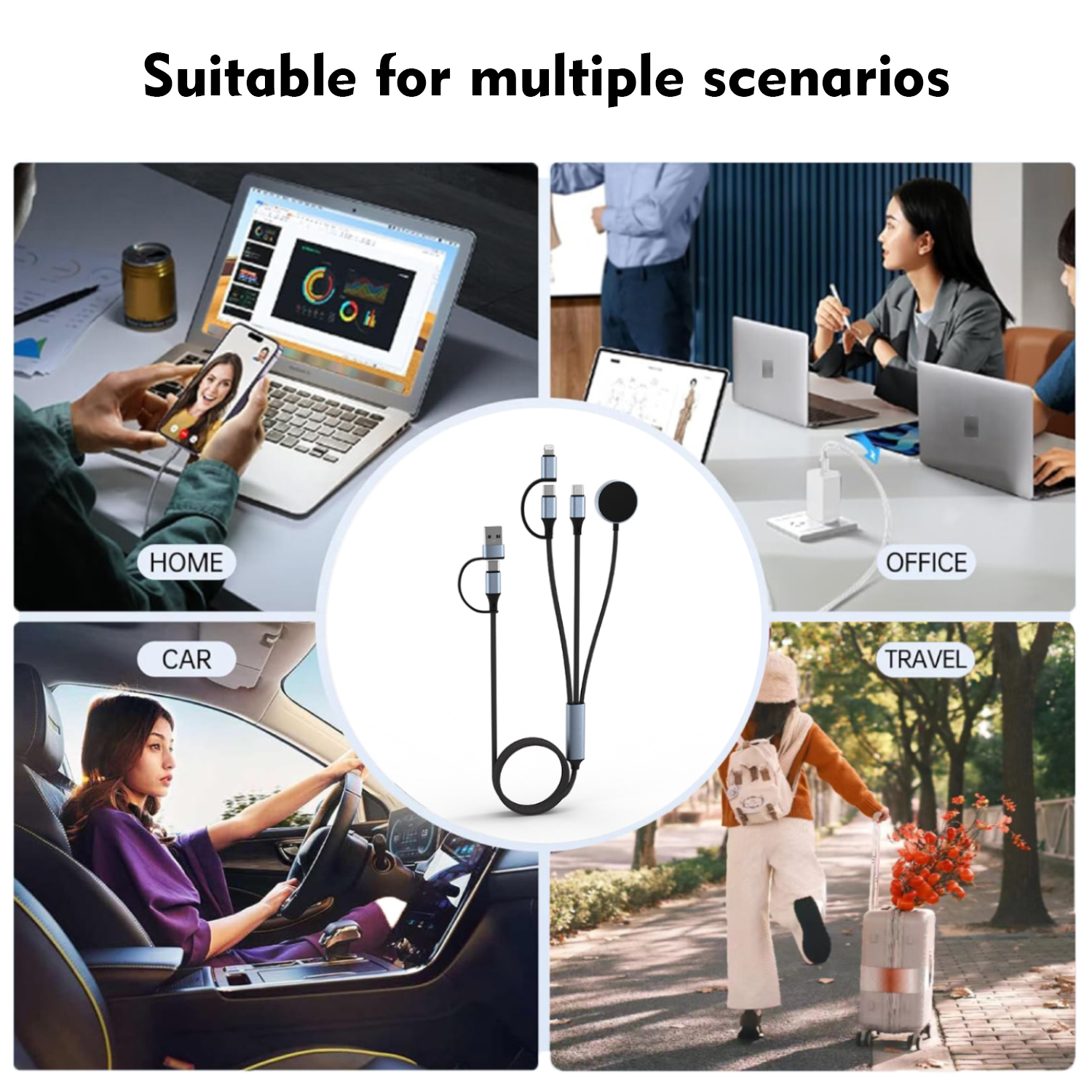 100W Multi-functional Braided Charging Cable – Dual Type-C + Lightning, Supports Laptop + Phone + Watch + Earbuds Simultaneous Charging, Metal Shell, for Apple MacBook Pro, Samsung Galaxy Watch, Google Pixel Watch, AirPods, and More – Wholesale Bulk Supply - Image 9