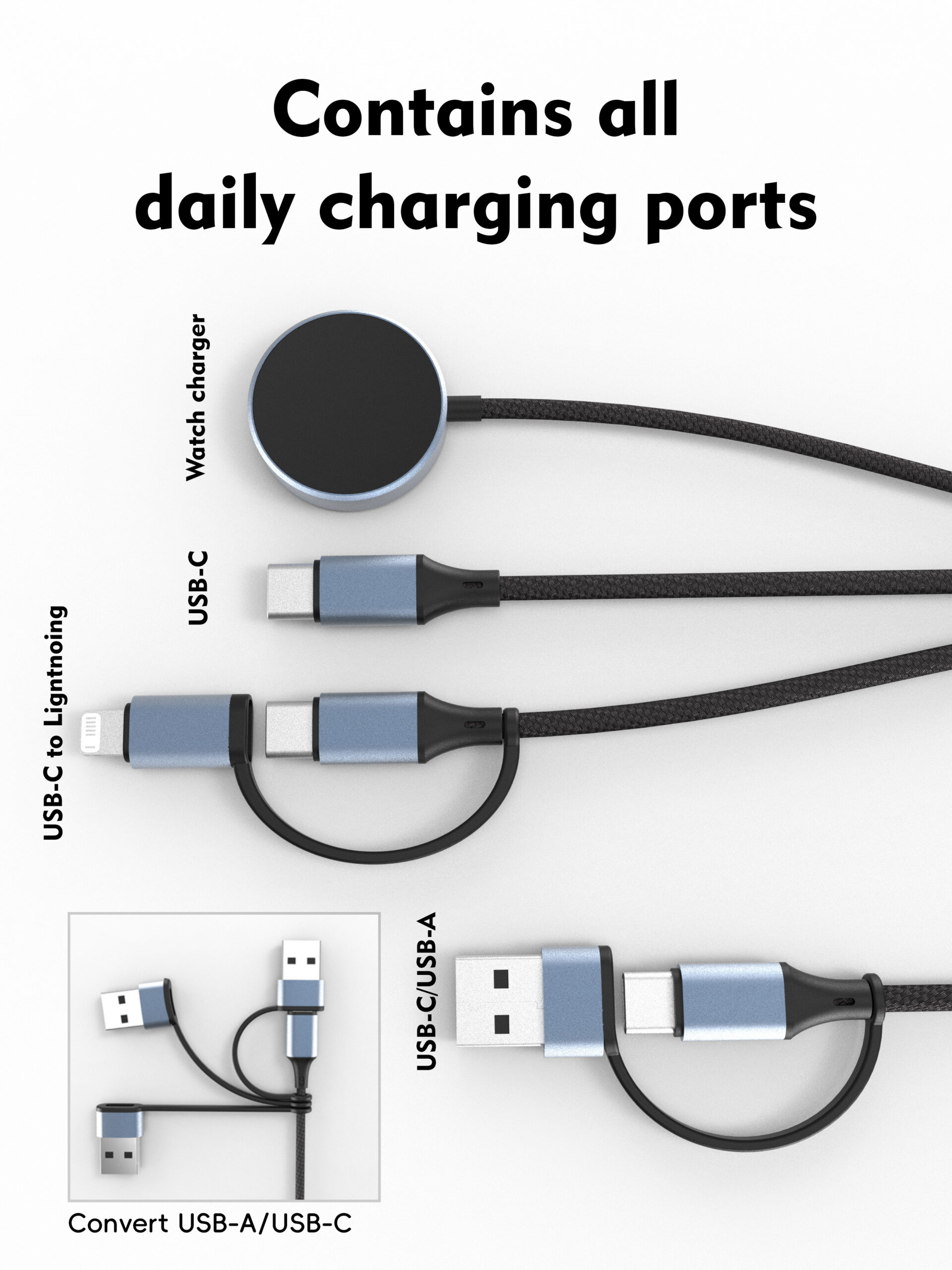 100W Multi-functional Braided Charging Cable – Dual Type-C + Lightning, Supports Laptop + Phone + Watch + Earbuds Simultaneous Charging, Metal Shell, for Apple MacBook Pro, Samsung Galaxy Watch, Google Pixel Watch, AirPods, and More – Wholesale Bulk Supply - Image 11