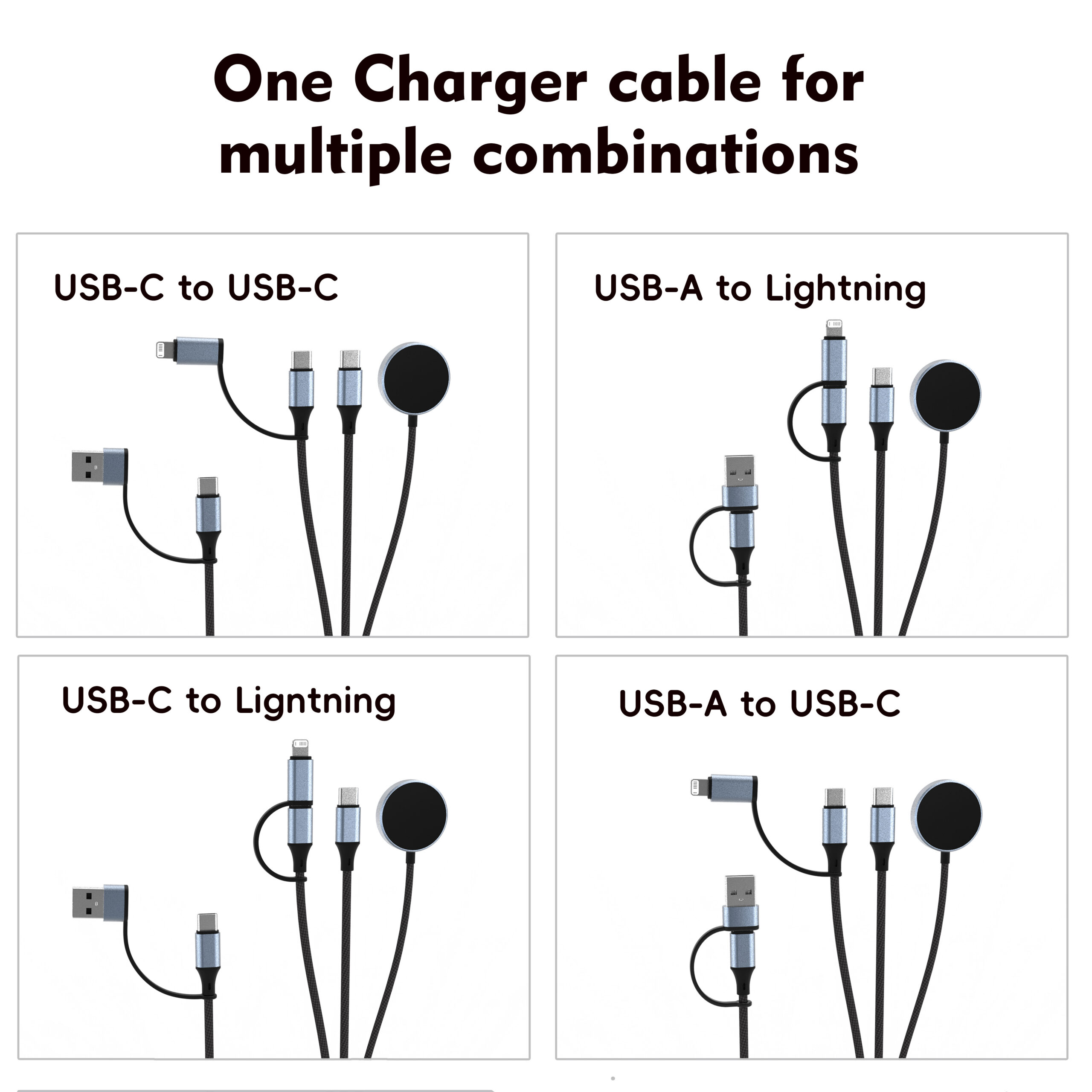 100W Multi-functional Braided Charging Cable – Dual Type-C + Lightning, Supports Laptop + Phone + Watch + Earbuds Simultaneous Charging, Metal Shell, for Apple MacBook Pro, Samsung Galaxy Watch, Google Pixel Watch, AirPods, and More – Wholesale Bulk Supply - Image 6
