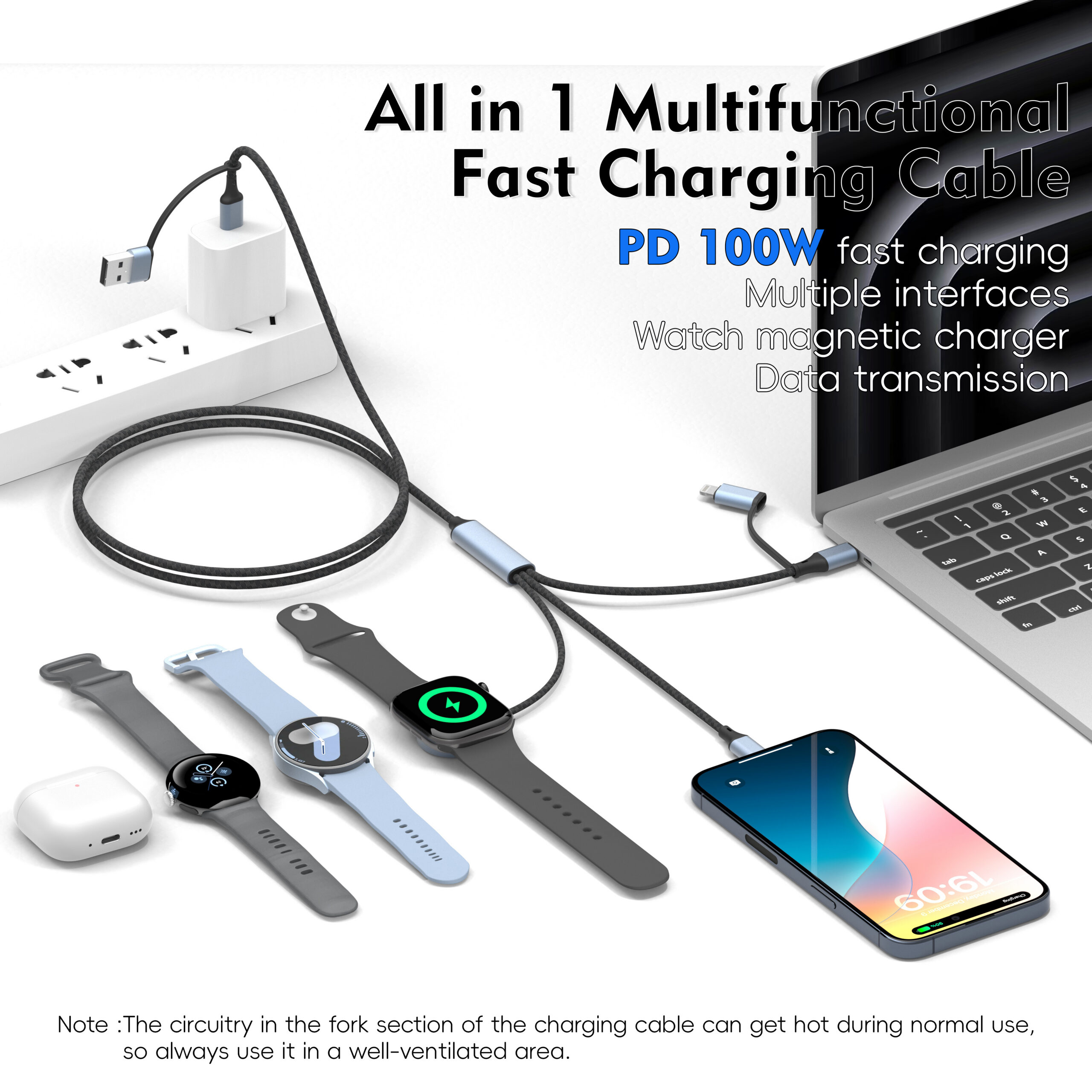 100W Multi-functional Braided Charging Cable – Dual Type-C + Lightning, Supports Laptop + Phone + Watch + Earbuds Simultaneous Charging, Metal Shell, for Apple MacBook Pro, Samsung Galaxy Watch, Google Pixel Watch, AirPods, and More – Wholesale Bulk Supply