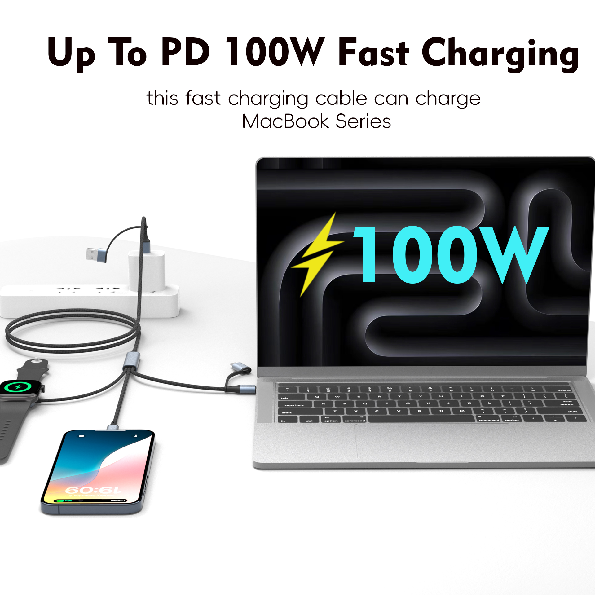 100W Multi-functional Braided Charging Cable – Dual Type-C + Lightning, Supports Laptop + Phone + Watch + Earbuds Simultaneous Charging, Metal Shell, for Apple MacBook Pro, Samsung Galaxy Watch, Google Pixel Watch, AirPods, and More – Wholesale Bulk Supply - Image 17