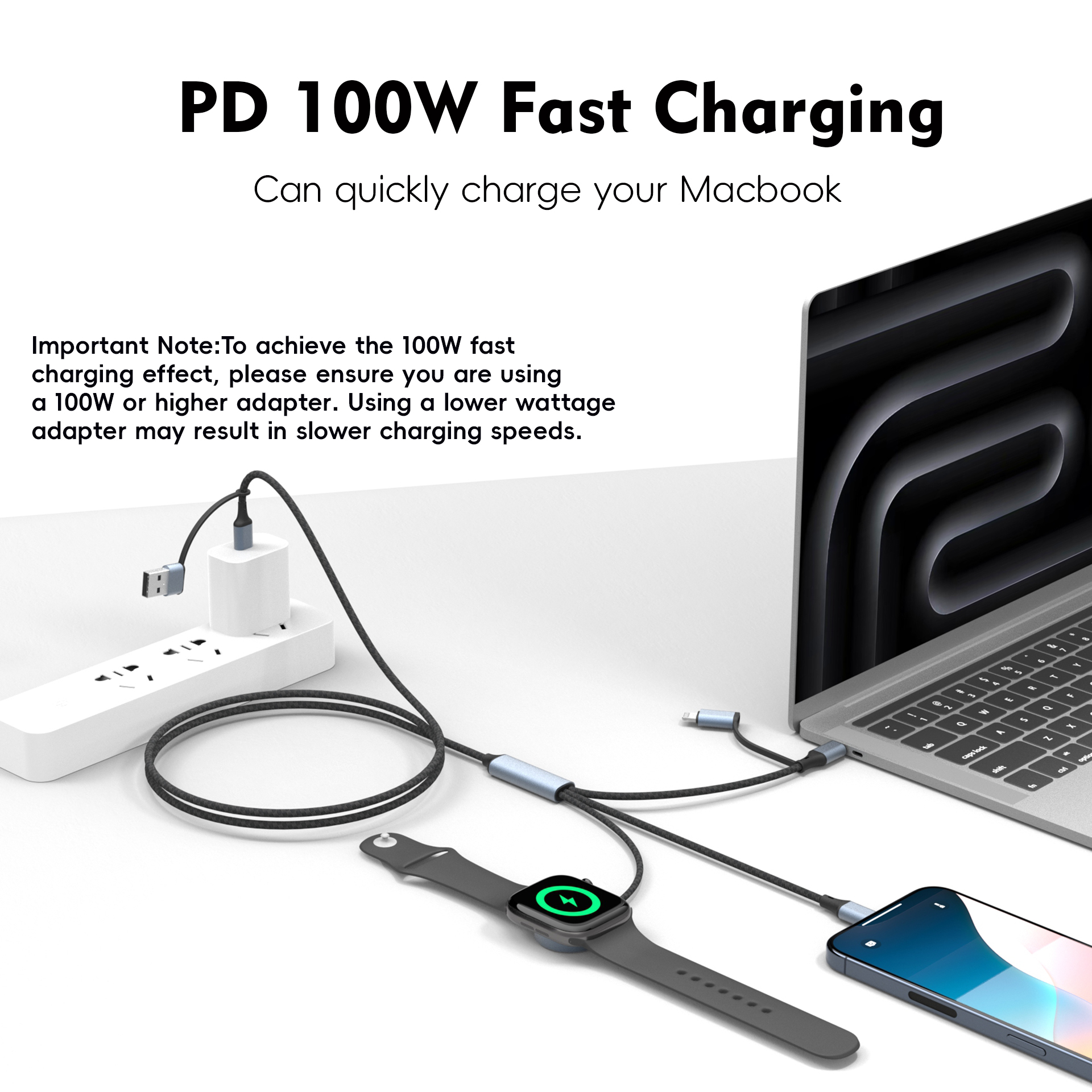 100W Multi-functional Braided Charging Cable – Dual Type-C + Lightning, Supports Laptop + Phone + Watch + Earbuds Simultaneous Charging, Metal Shell, for Apple MacBook Pro, Samsung Galaxy Watch, Google Pixel Watch, AirPods, and More – Wholesale Bulk Supply - Image 18